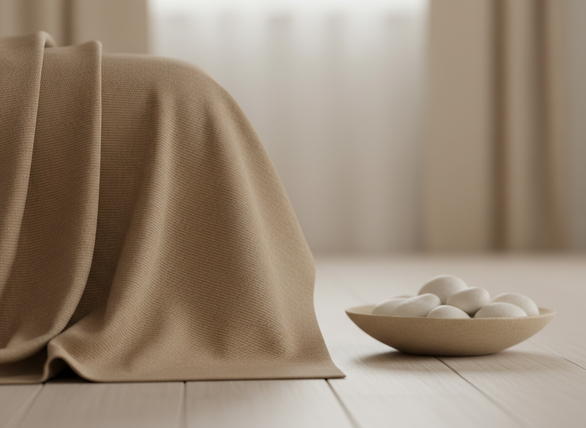 An intimate detail of a textured cotton blanket in taupe, artfully draped over the corner of a massage table. Nearby, a cluster of smooth, ivory-colored river pebbles rests on a minimalist, sand-finished ceramic dish. The setup is arranged atop a pale wooden floor, and the background features a soft blur of neutral wall tones. Subtle, indirect daylight from an unseen source creates graceful gradients and soft highlights, accentuating the tactile contrasts between cotton, ceramic, and stone. The mood is understated and calming, expressing quiet luxury and sensory comfort. Shot close up with a shallow depth of field, the emphasis on natural materials and muted elegance resonates with the site’s sophisticated and inclusive approach to well-being.