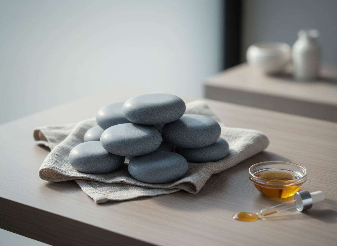 An elegant still life arrangement of smooth massage stones in muted shades of charcoal and slate, resting atop a folded linen towel textured with soft fibers. The setting is a minimalist wooden table with a subtle matte finish, arranged beside a small, understated glass bowl containing a few drops of calming essential oil. The entire composition is illuminated by gentle, diffused afternoon light streaming through a frosted window, casting delicate shadows and highlighting the refined contours of the stones. The atmosphere is serene, sophisticated, and deeply inviting, evoking the tranquility of a high-end wellness retreat. Shot from a slightly elevated angle with a sharp focus on the stones, the background softly blurs for a minimalist, photographic realism that aligns with the brand’s sophisticated aesthetic.