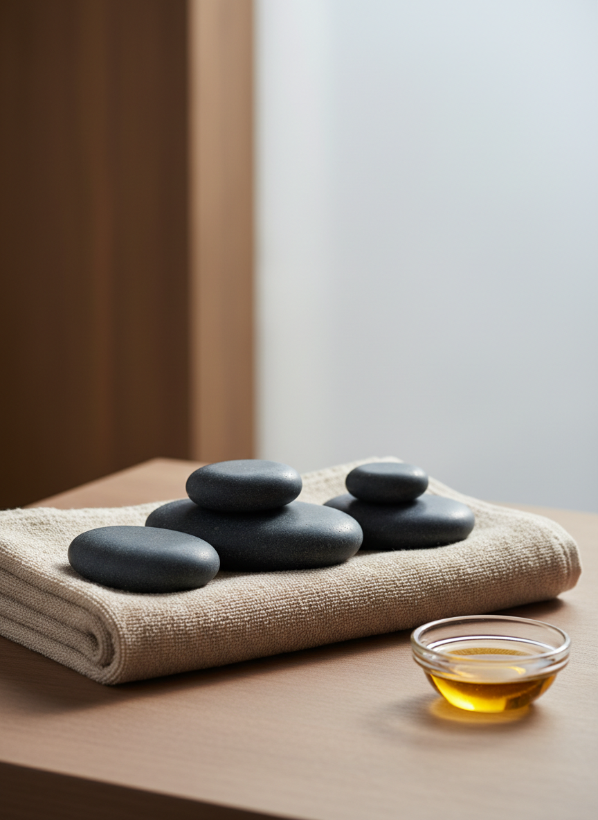 An elegant still life arrangement of smooth massage stones in muted shades of charcoal and slate, resting atop a folded linen towel textured with soft fibers. The setting is a minimalist wooden table with a subtle matte finish, arranged beside a small, understated glass bowl containing a few drops of calming essential oil. The entire composition is illuminated by gentle, diffused afternoon light streaming through a frosted window, casting delicate shadows and highlighting the refined contours of the stones. The atmosphere is serene, sophisticated, and deeply inviting, evoking the tranquility of a high-end wellness retreat. Shot from a slightly elevated angle with a sharp focus on the stones, the background softly blurs for a minimalist, photographic realism that aligns with the brand’s sophisticated aesthetic.