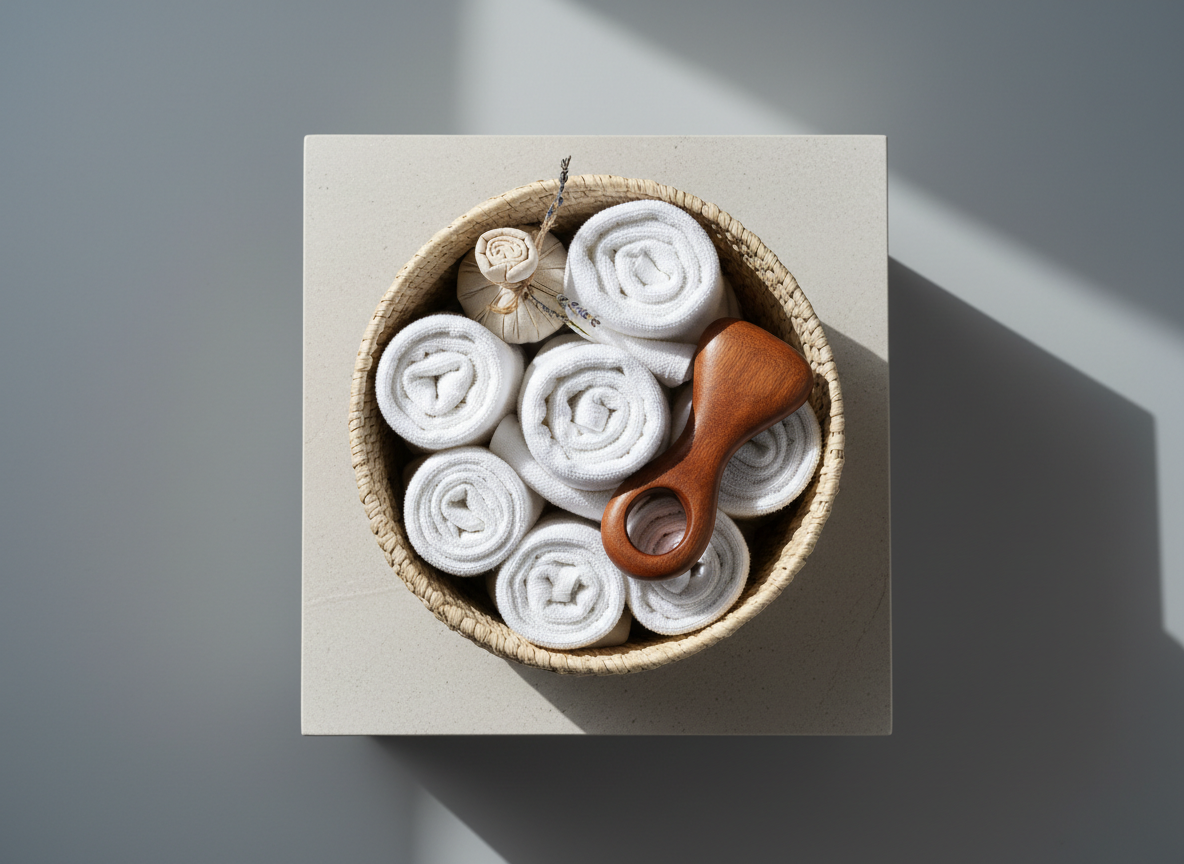 A sophisticated scene showcasing a delicately woven basket in natural beige fibers, neatly arranged with immaculate white rolled towels, a carved wooden reflexology tool in warm chestnut brown, and a single herbal sachet peeking out. The basket is placed on a minimalist, pale stone plinth, against a soft, gradient grey backdrop. Diffused natural daylight imparts a subtle luminescence, creating elegant interactions of light and shadow across the textured surfaces. The mood is refined and tranquil, evoking meticulous care and thoughtful preparation. The perspective is a top-down, centered composition, emphasizing order and the harmonious geometry of the items. The photographic style is clean, elegant, and subtly luxurious, mirroring the premium experience of personalized well-being services.