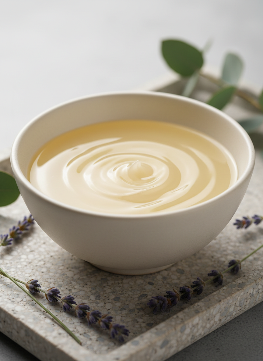 A close-up composition featuring a decorative ceramic bowl in matte ivory, filled with pale golden massage oil, its viscous surface gleaming with subtle highlights. The bowl rests on an elegant, pebble-patterned tray in tones of dove grey and soft sand, surrounded by minimalist sprigs of fresh lavender and eucalyptus. Soft, indirect studio lighting creates gentle gradients and casts faint, refined shadows, enhancing the tactile quality of the materials. The mood is calm and polished, suggesting a professional, bespoke massage experience. Captured at eye level with a shallow depth of field, the focus remains on the oil’s surface and the fine details of the arrangement, providing a visual metaphor for soothing, tailored well-being.